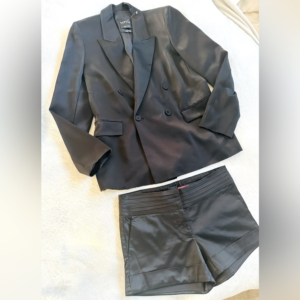 MNG Women’s Black Satin Blazer Jacket Shorts Set Size S